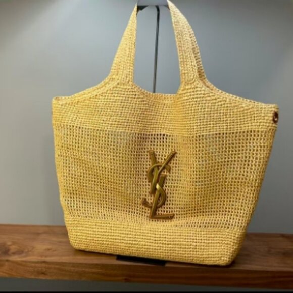 YSL RAFFIA TOTE handbag. ICARE IN RAFFIA NATUREL AND BROWN GOLD - Picture 4 of 8